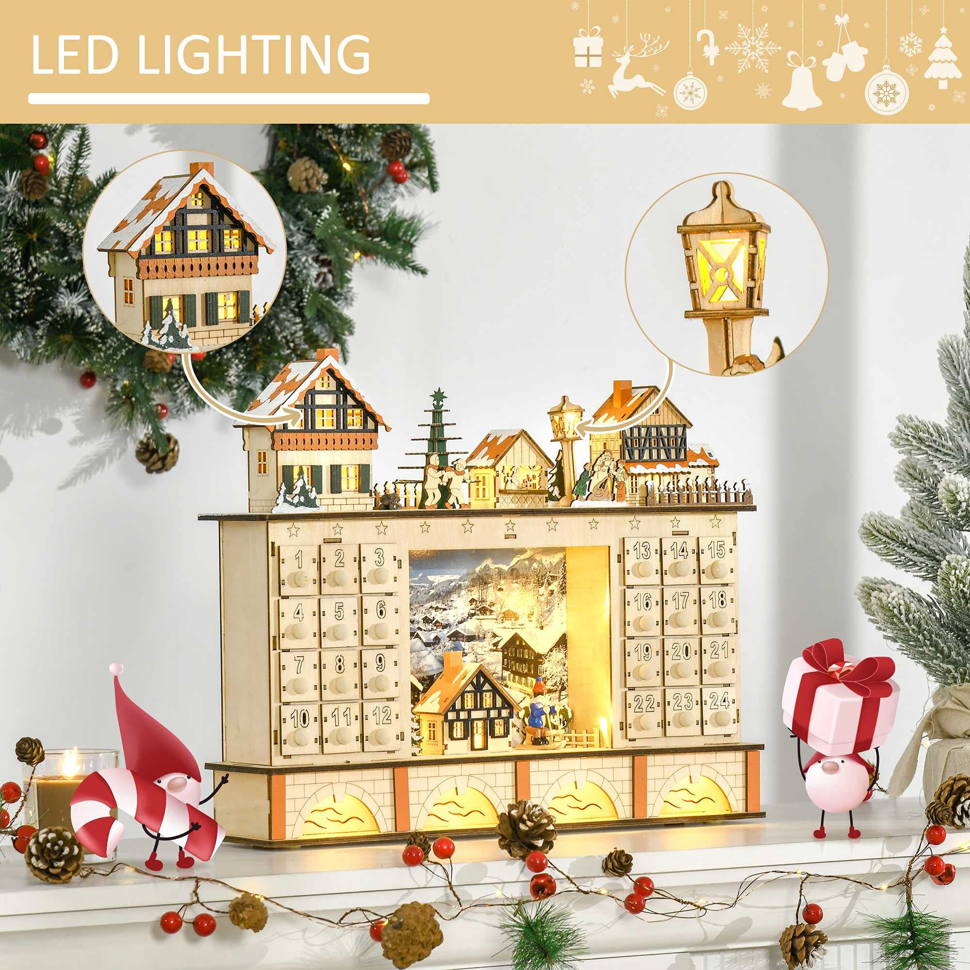 HOMCOM Christmas Advent Calendar, Light Up Table Xmas Wooden Store Holiday Decoration with Countdown Drawer, Village, for Kids a